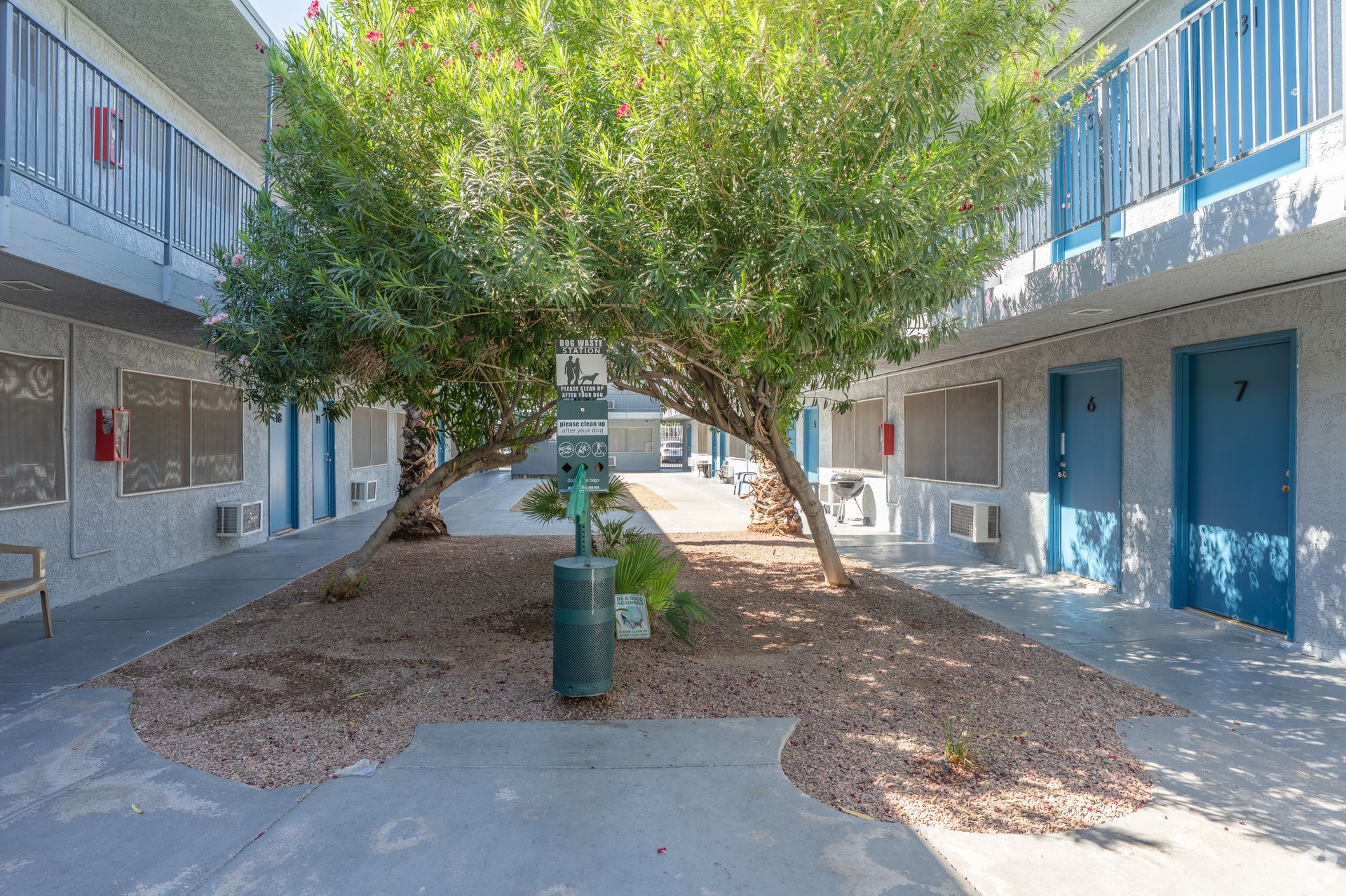 Apartment courtyard with a large tree, blue doors, and balconies on both sides.