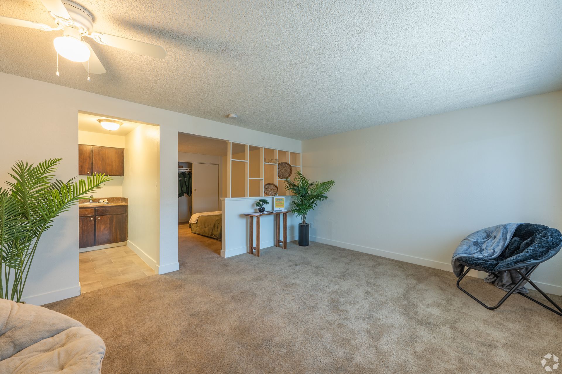 Spacious beige living room with carpet, potted plants, and an open doorway to a kitchen area