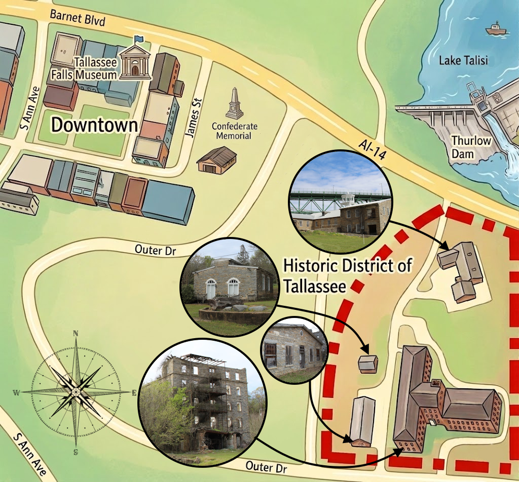 The East-side Mill sites in Tallassee, AL are strategically located between downtown and the Tallapoosa River.