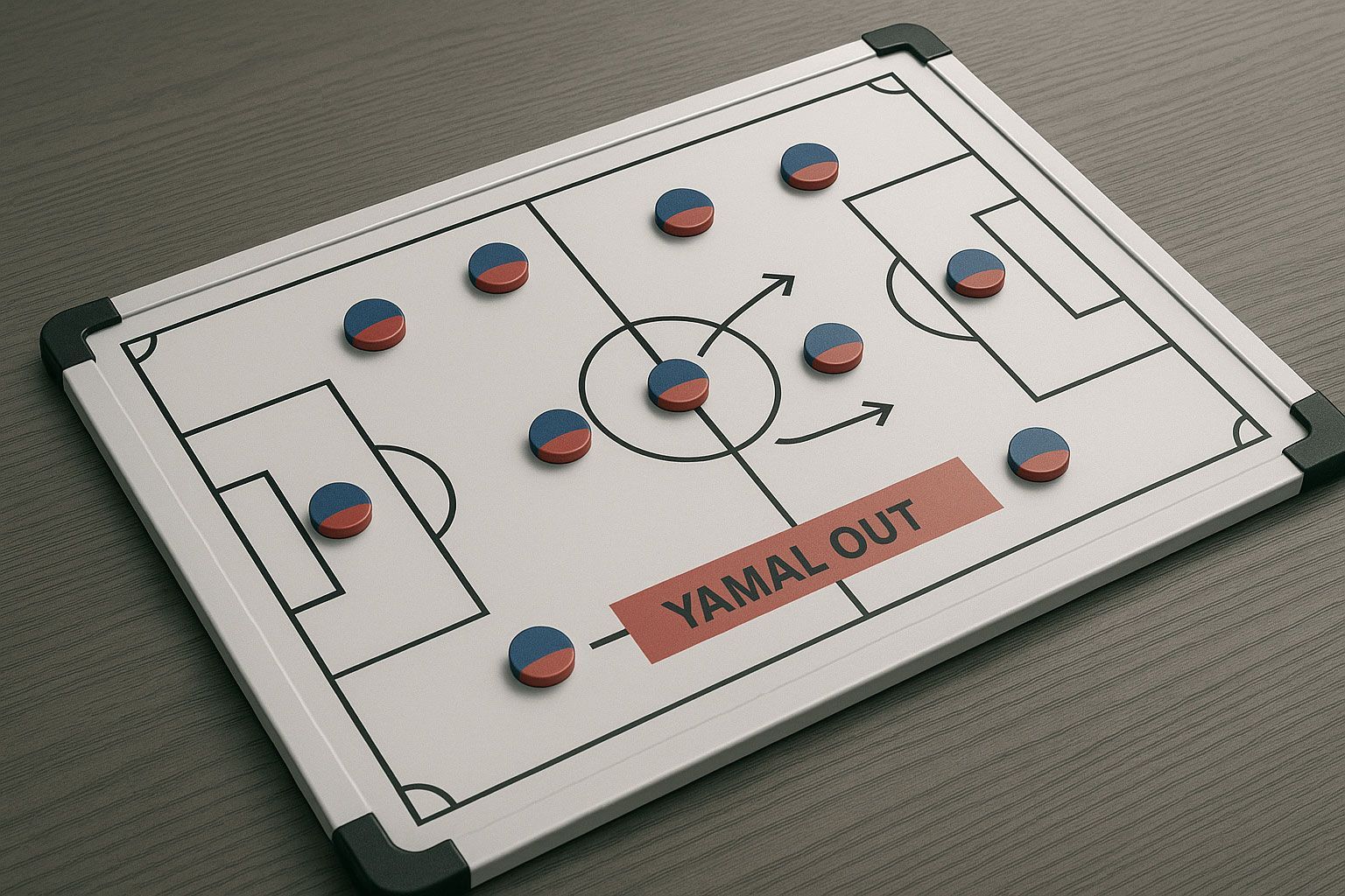 Pizarra táctica de fútbol con imanes azules/rojos, texto