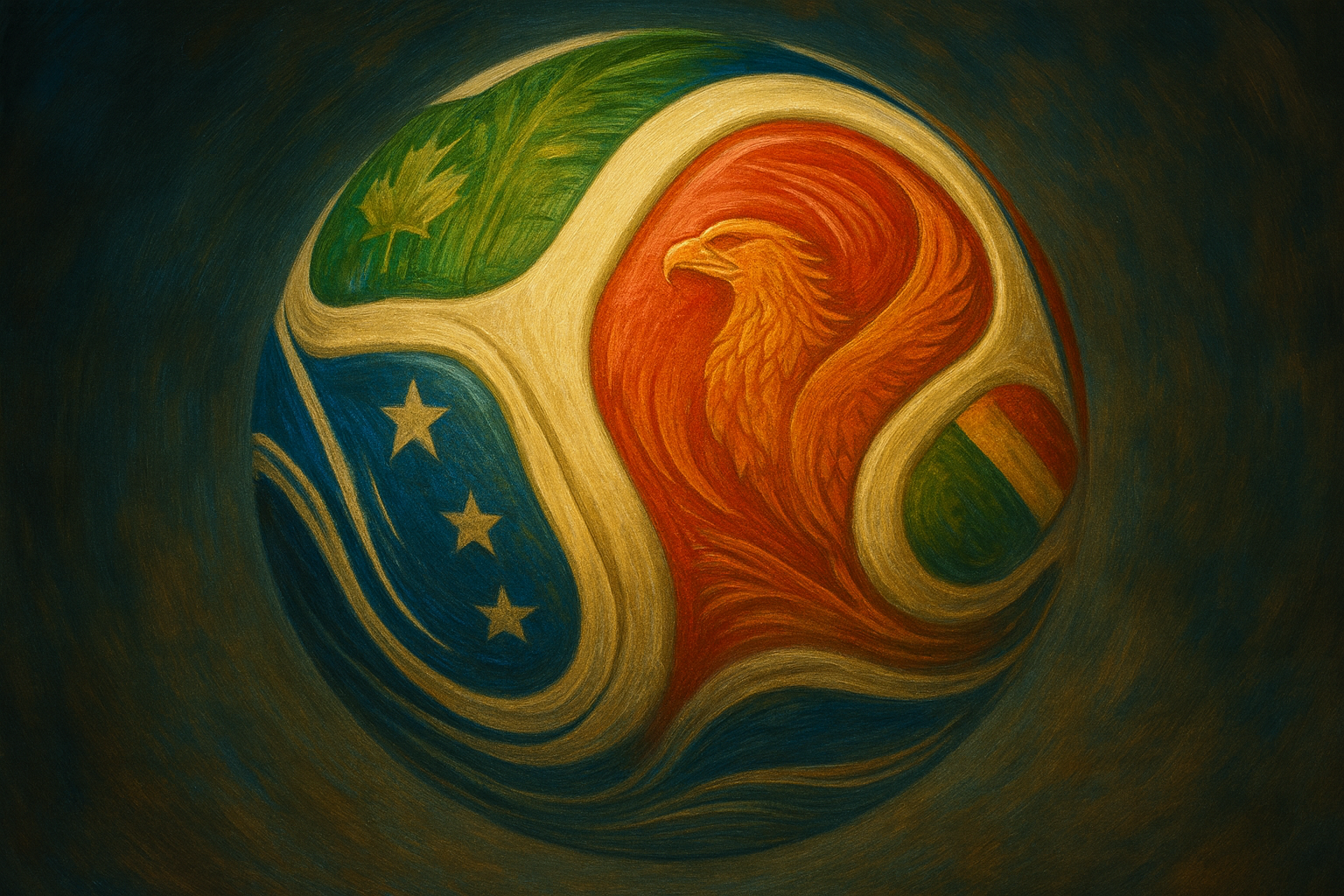 Un globo estilizado con un emblema de fénix y banderas nacionales de Canadá, Bolivia y las Américas.