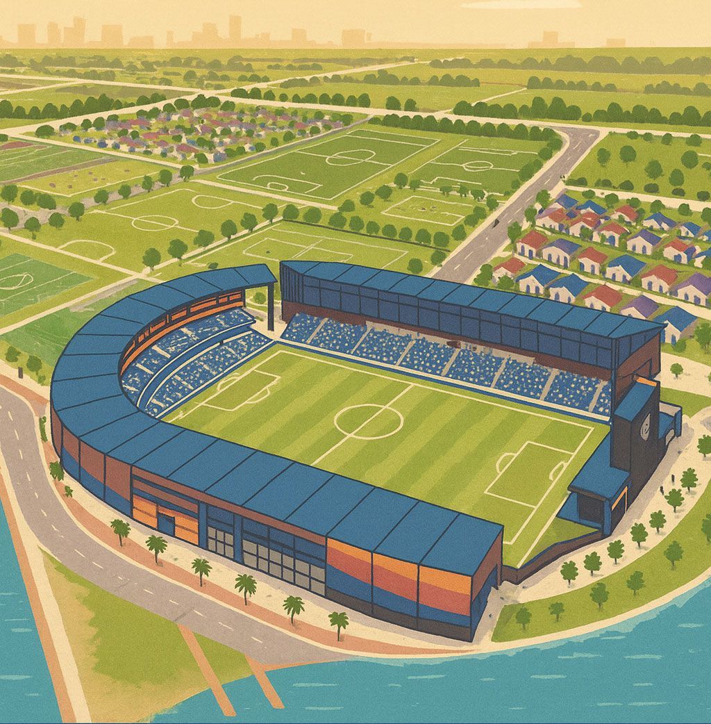 Estadio de fútbol con techo azul, campo verde y paisaje urbano circundante.