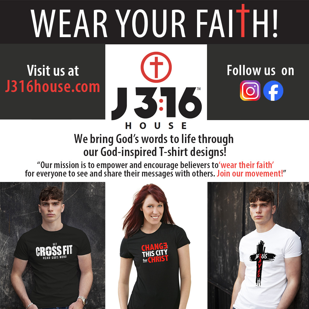 Anuncio de J3:16 House, una marca que vende camisetas con temática cristiana. Incluye sitio web, perfiles en redes sociales y modelos luciendo las camisetas.