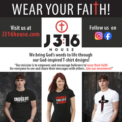 Anuncio de J3:16 House, una marca que vende camisetas con temática cristiana. Incluye sitio web, perfiles en redes sociales y modelos luciendo las camisetas.