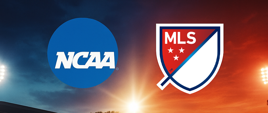 Logotipos de la NCAA y la MLS flanqueando un balón de fútbol, con un efecto brillante.
