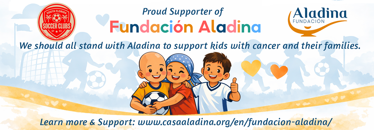 Banner de la Fundación Aladina: dibujos de niños, balón de fútbol, texto y logotipo en apoyo a los niños con cáncer.