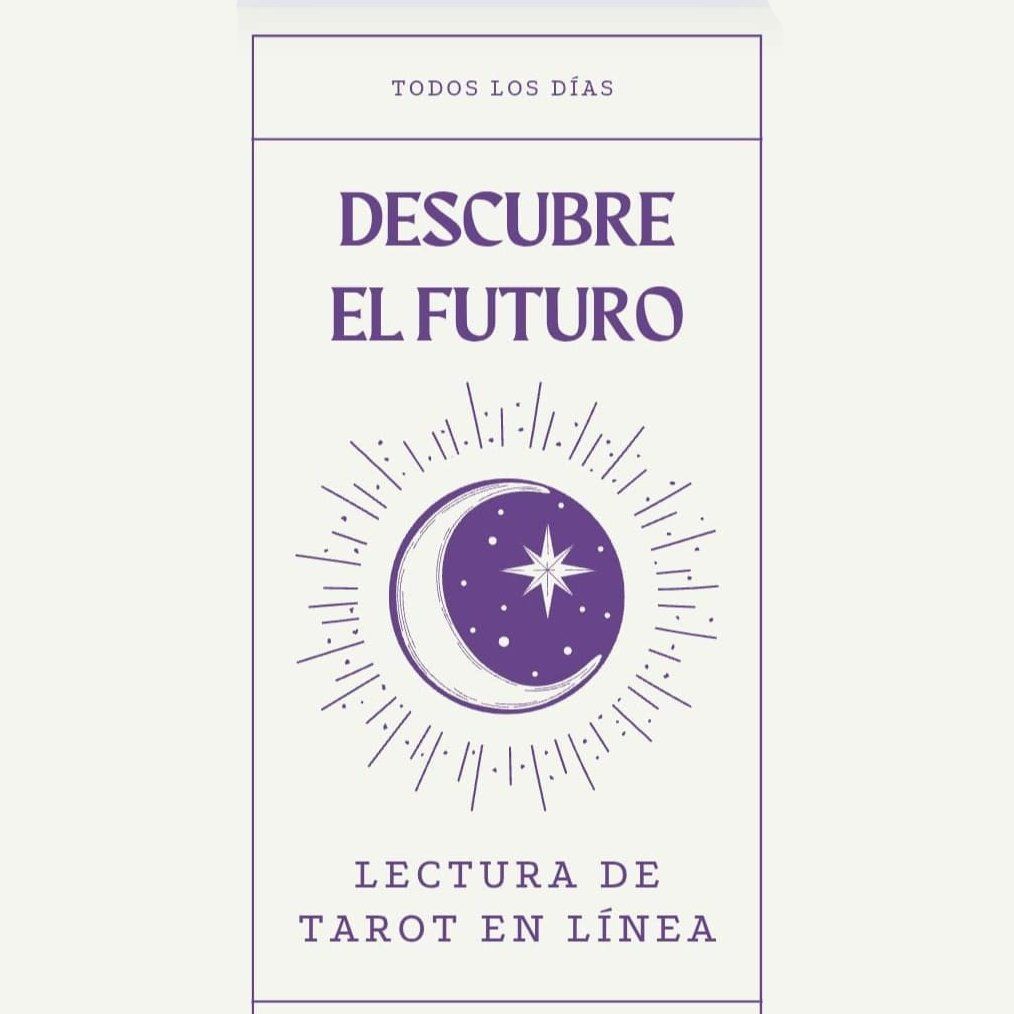 Gráfico morado con texto "Descubre el Futuro" e ilustración de luna/estrella, anunciando lecturas de tarot en línea.