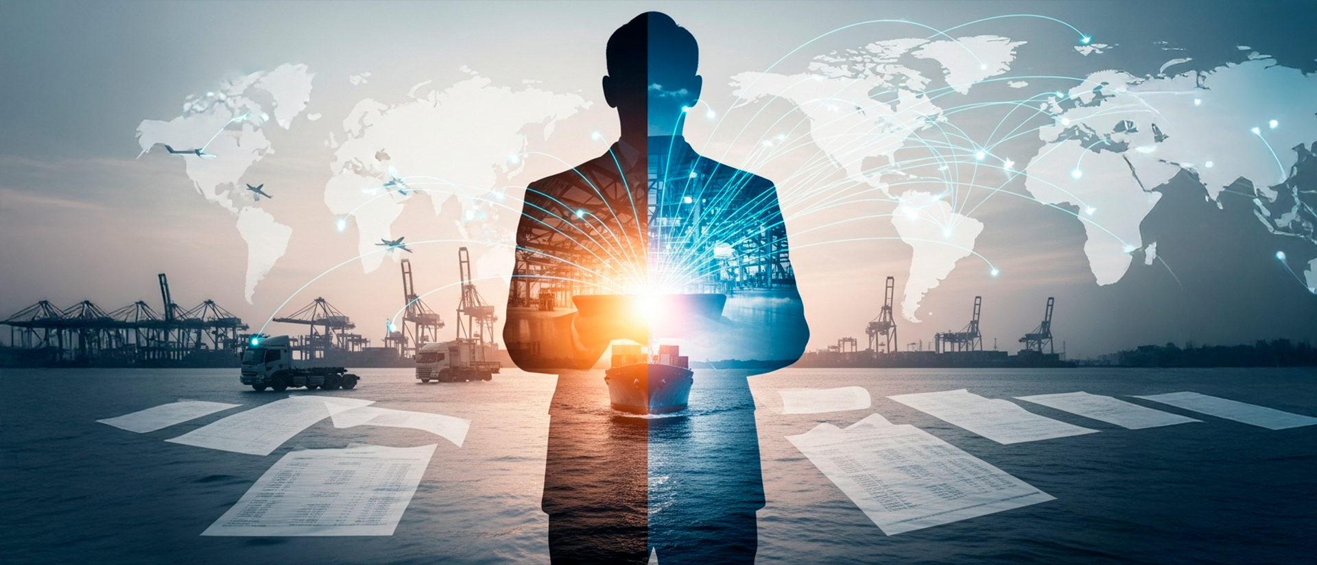 Businessman with arms crossed superimposed over a shipping port, world map in the background.