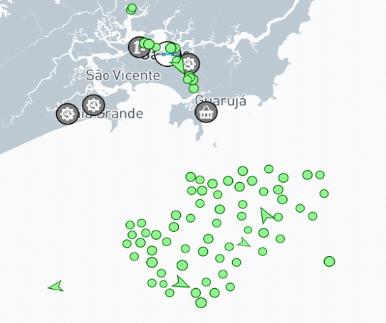A map of sao vicente and guaruja with green dots