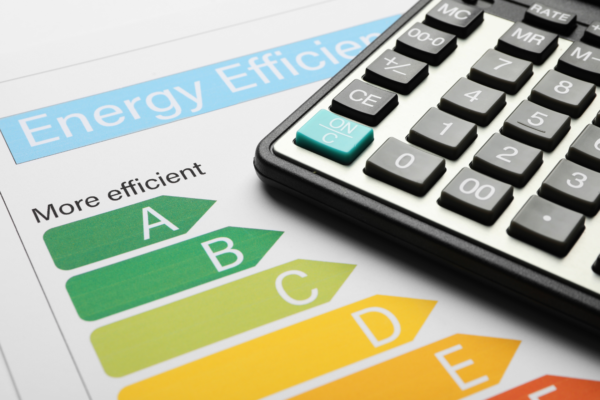 A calculator is sitting on top of an energy efficiency chart