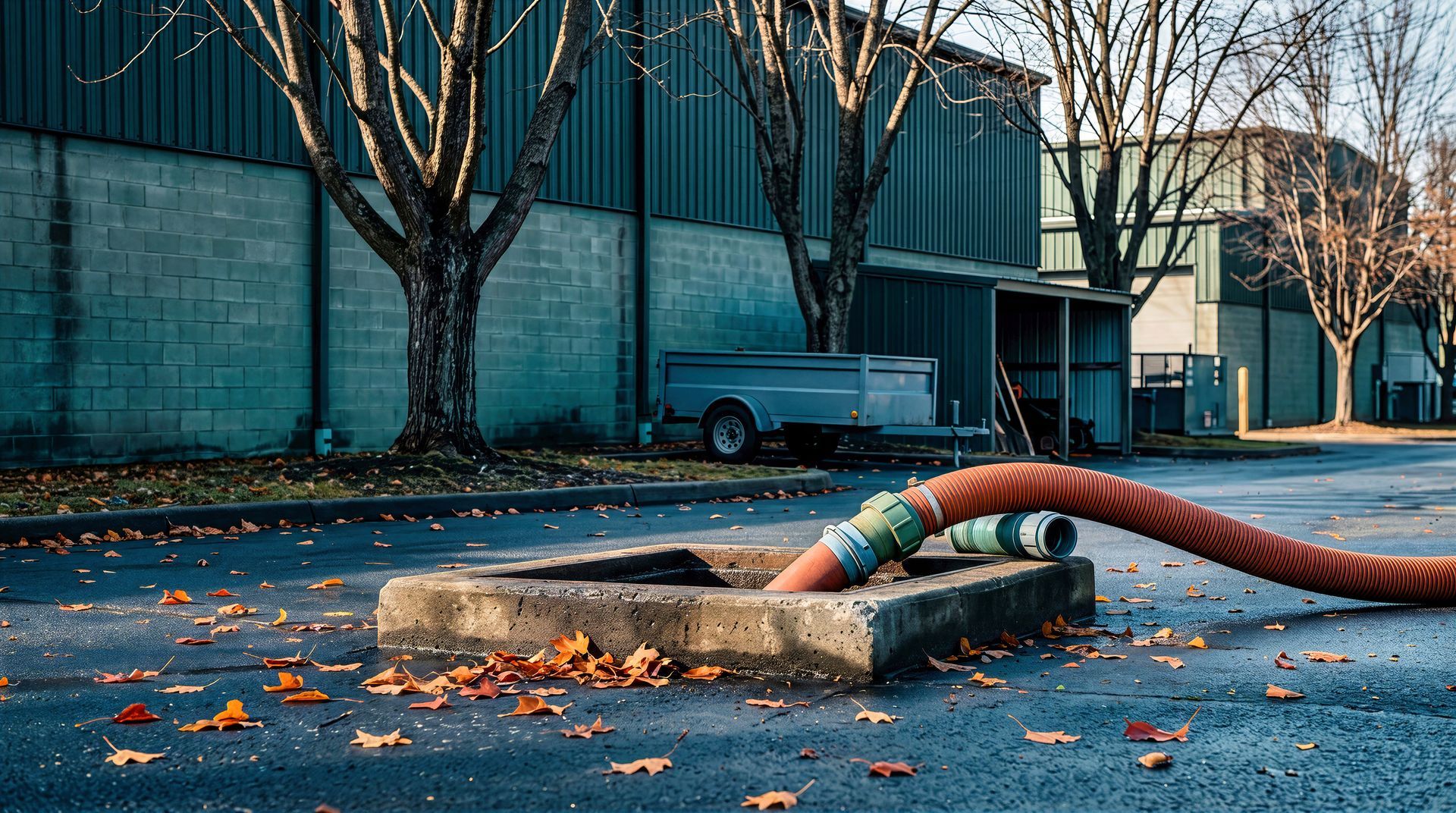 Orange hose on a street drain near a curb, with a van and leafless trees in the background Orange hose on a street drain near a curb, with a van and leafless trees in the background