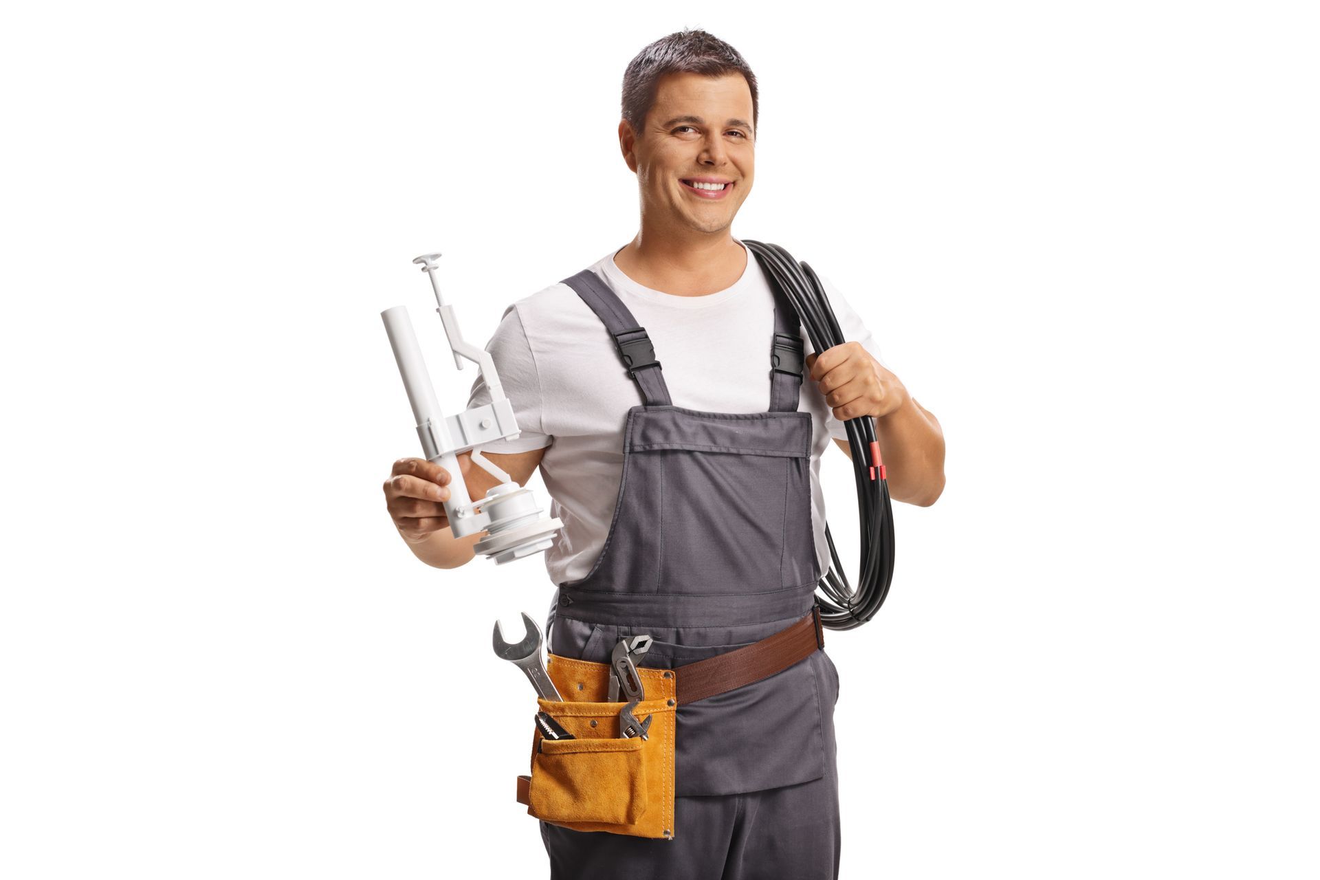 Plumber holding a toilet tank part and a drain hose - Commercial Plumbing