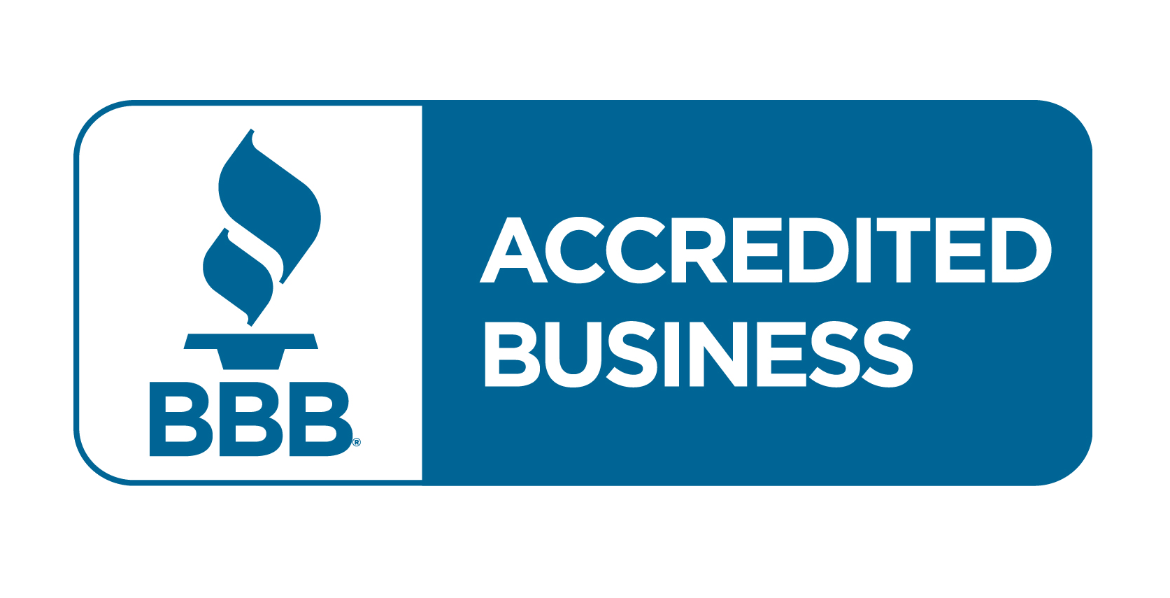 BBB Accredited Business logo: blue rectangle with torch and text.