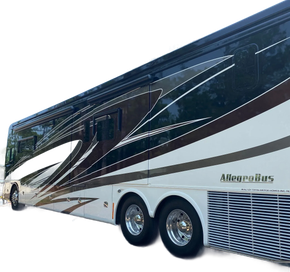 A Tiffin Allegro Bus motorhome with a white, brown, and black exterior paint scheme, shown from a side-angle view.