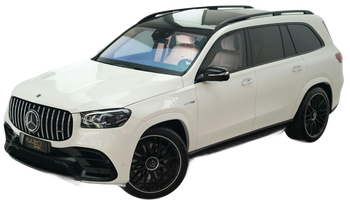 White Mercedes-Benz GLS AMG SUV with black accents, a panoramic roof, and black multi-spoke alloy wheels.