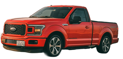 A bright red Ford F-150 regular cab pickup truck against a white background.