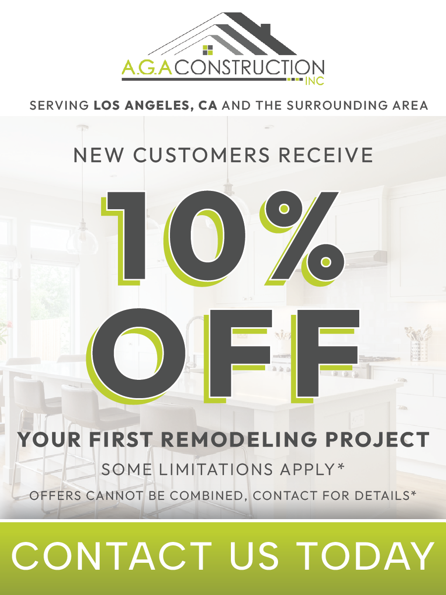 AGA Construction ad: New customers get 10% off their first remodeling project in Los Angeles.
