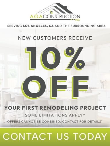 AGA Construction ad: New customers get 10% off their first remodeling project in Los Angeles.