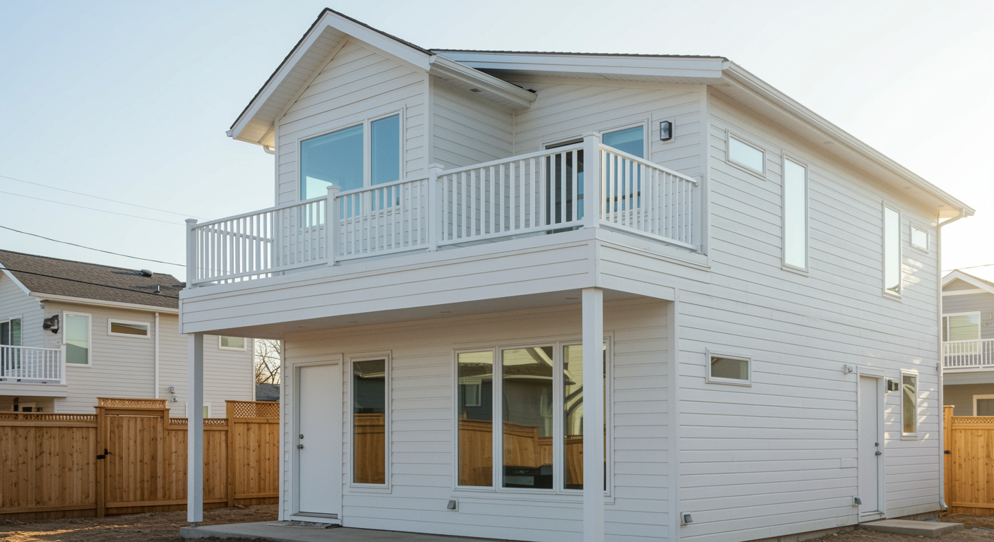 A two-story white house with light-colored horizontal siding and a large upper balcony, set in a neighborhood.