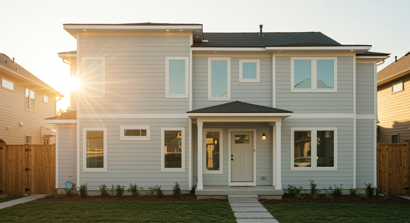 A two-story light gray house with a front porch, white trim, and a sunny sky in the background.
