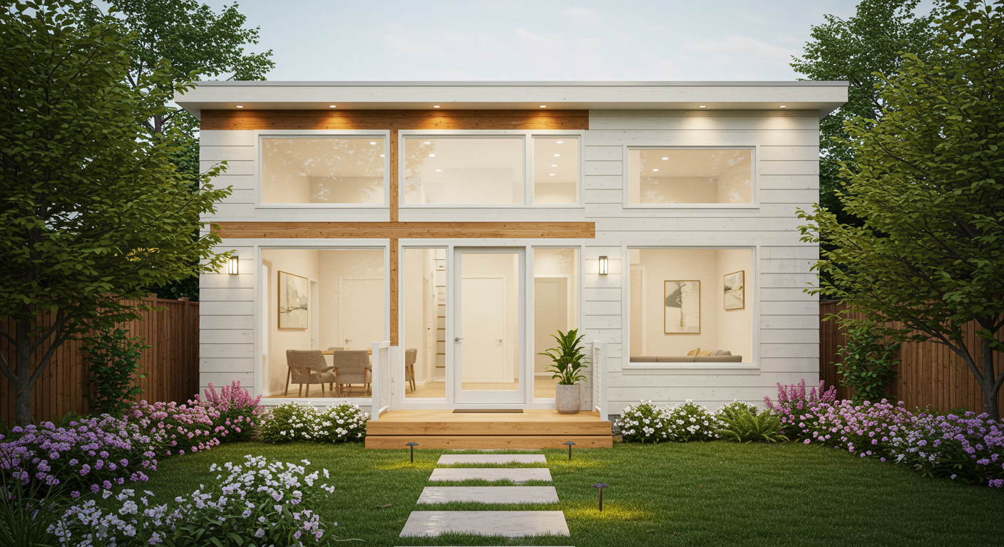 A modern two-story home with white horizontal siding and wood accents, surrounded by greenery and a flowering garden.