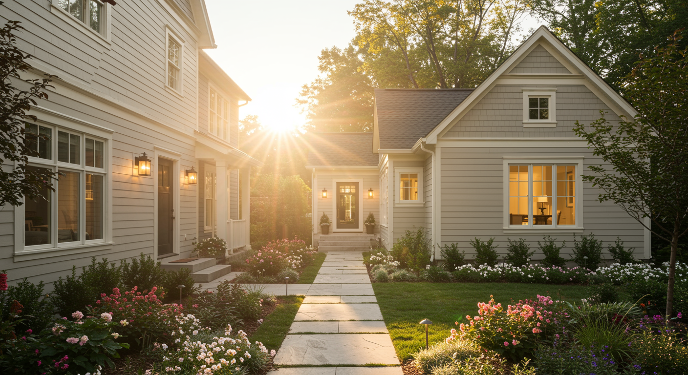 Sunlight beams between two pale gray houses, illuminating a stone pathway surrounded by lush gardens and flower beds.