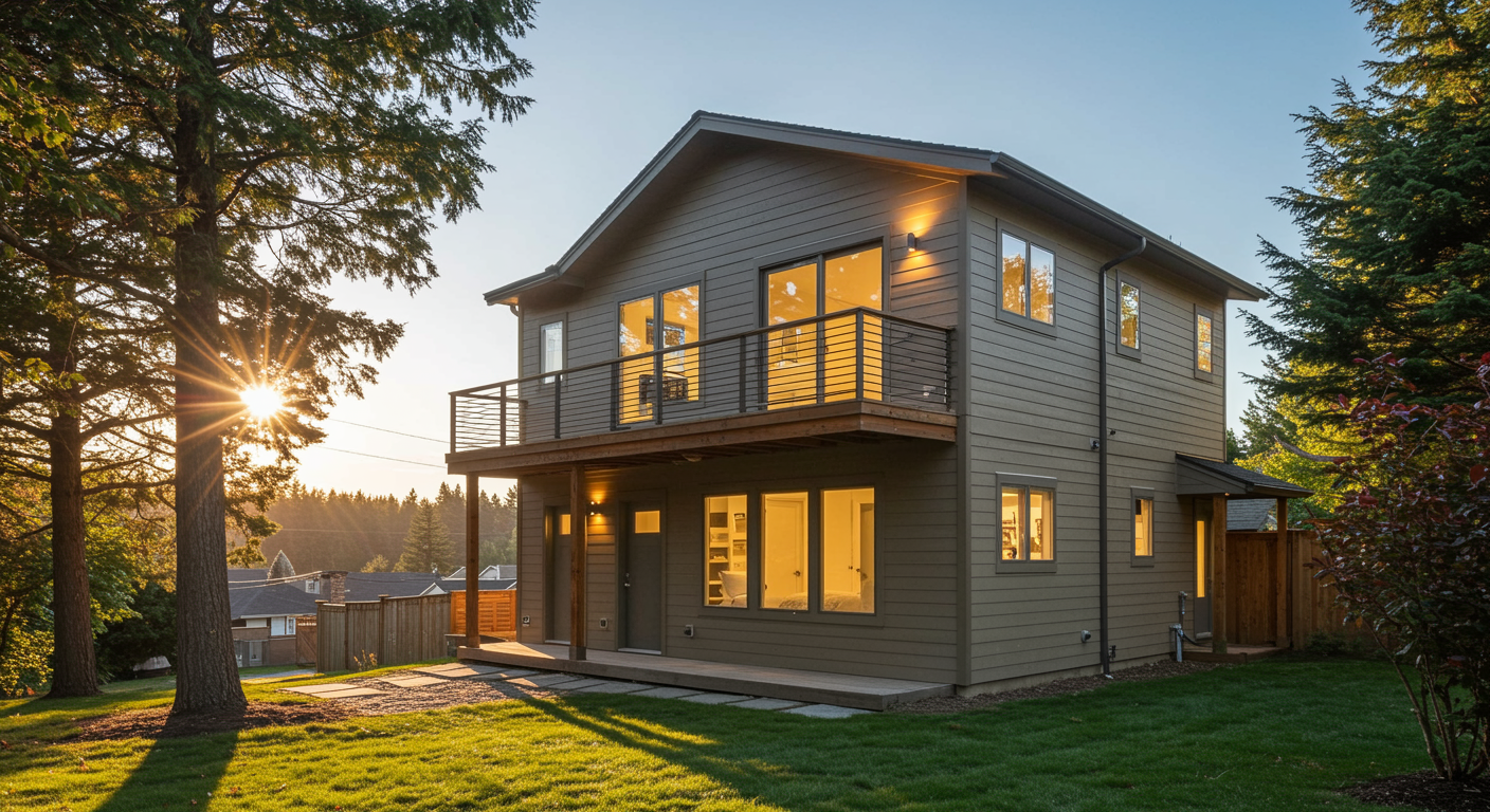 Two-story suburban house with a wooden balcony and warm interior lighting during sunset in a grassy yard.