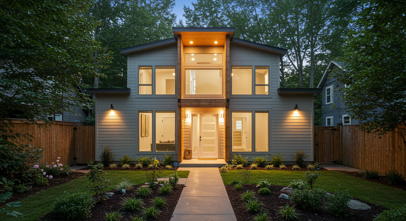 A modern, two-story house with a wooden entryway, large windows, and illuminated outdoor lights at dusk.