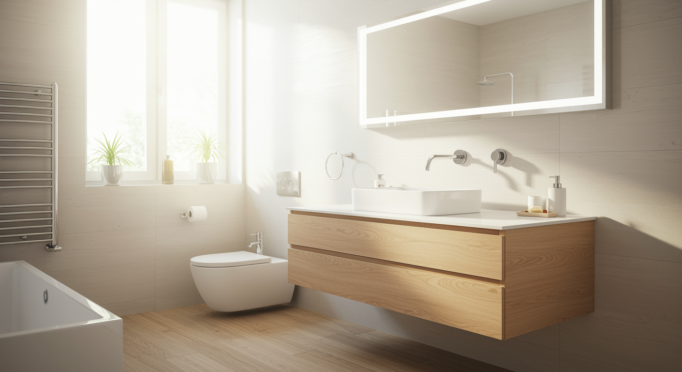 A modern bathroom with a light wood floating vanity, a wall-mounted toilet, a bathtub, and an illuminated mirror.