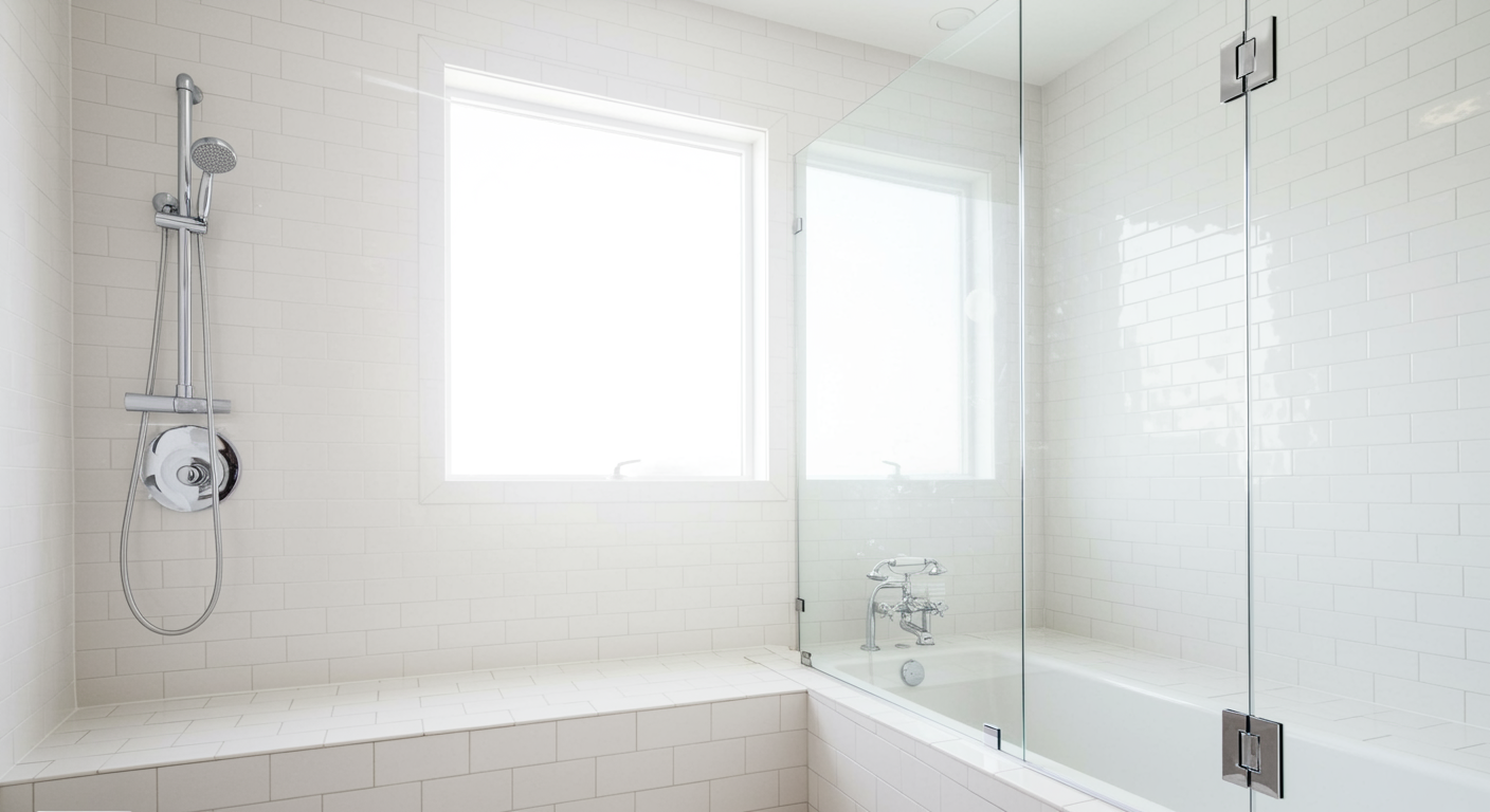 A modern, all-white bathroom featuring a shower-tub combination with white subway tiles and glass doors under two windows.