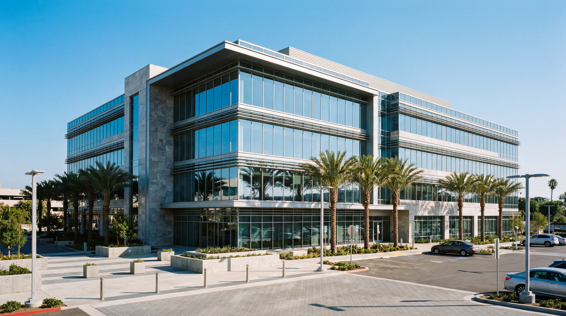 A multi-story modern office building with large glass windows, a stone-accented facade, and palm trees in a parking lot.