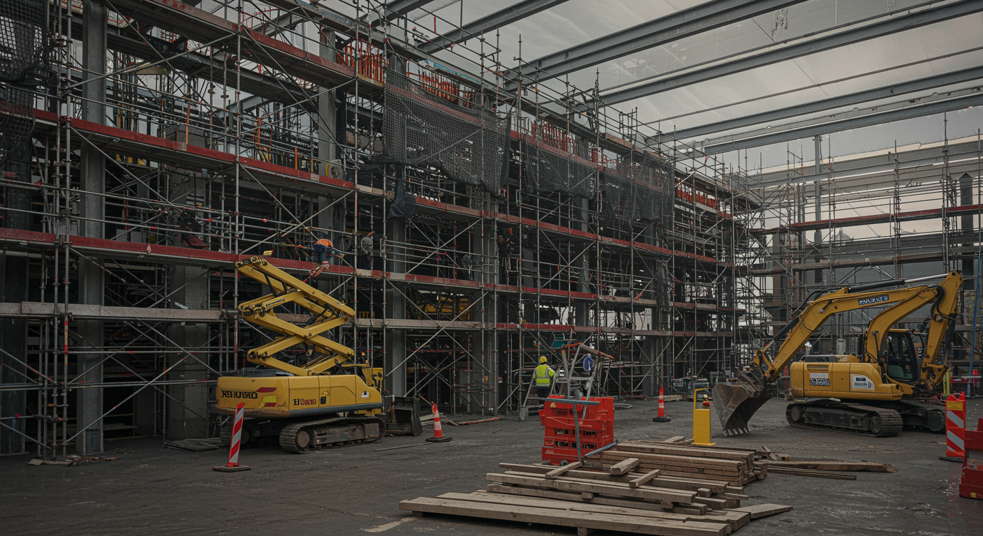 A large construction site featuring steel framing, scaffolding, a yellow scissor lift, and an excavator.