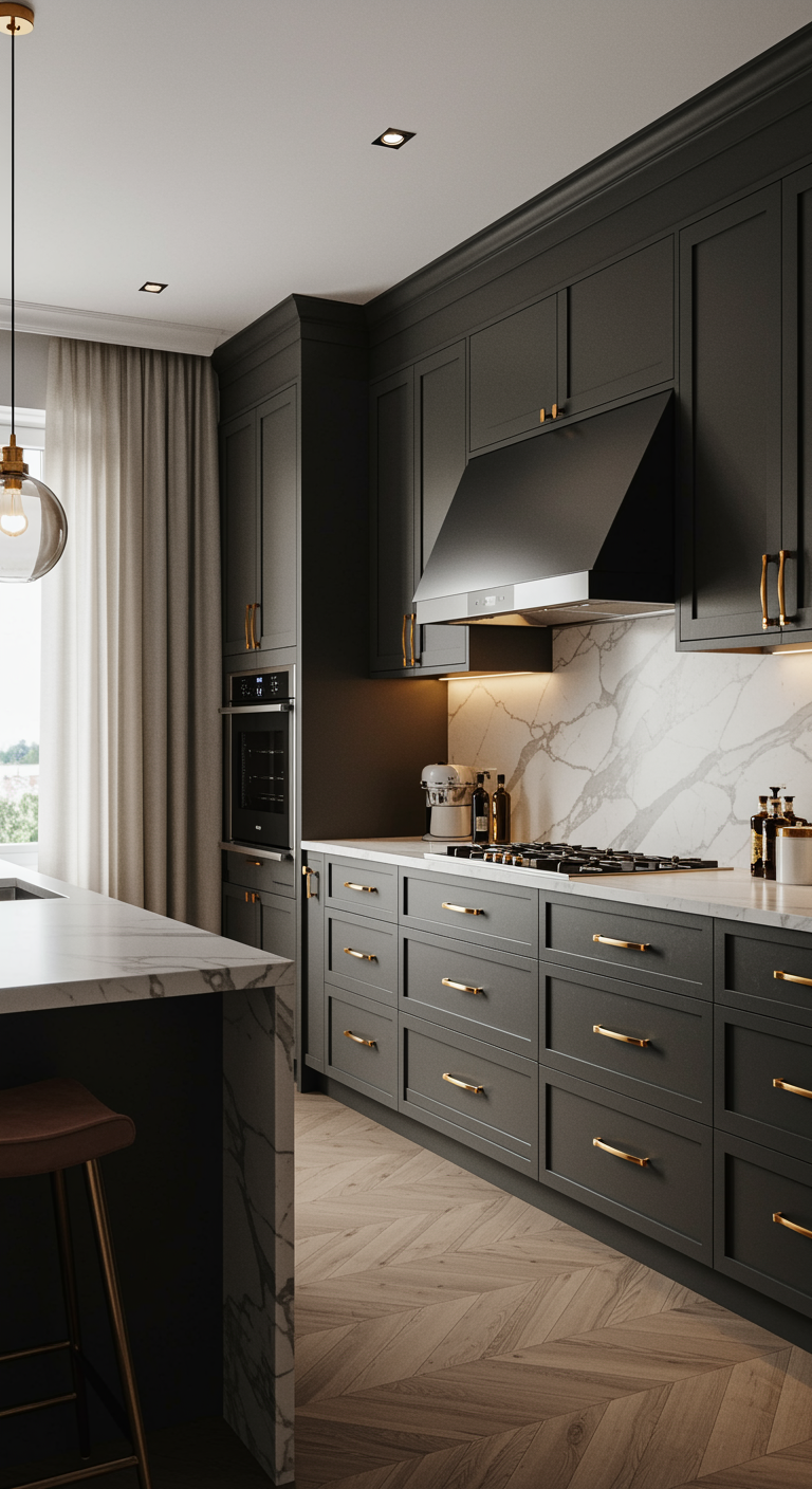 A modern, dark-green kitchen with gold hardware, marble countertops, and a herringbone floor.