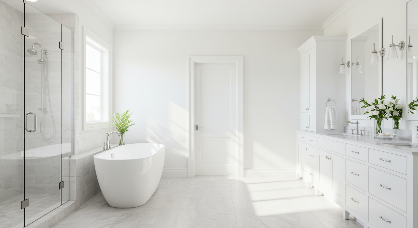 A bright, all-white bathroom featuring a glass shower, freestanding soaking tub, and a double vanity with two mirrors.
