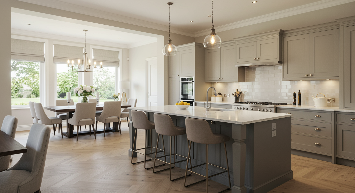 A modern, open-concept kitchen and dining area featuring light wood floors, grey cabinetry, and an island with bar stools.