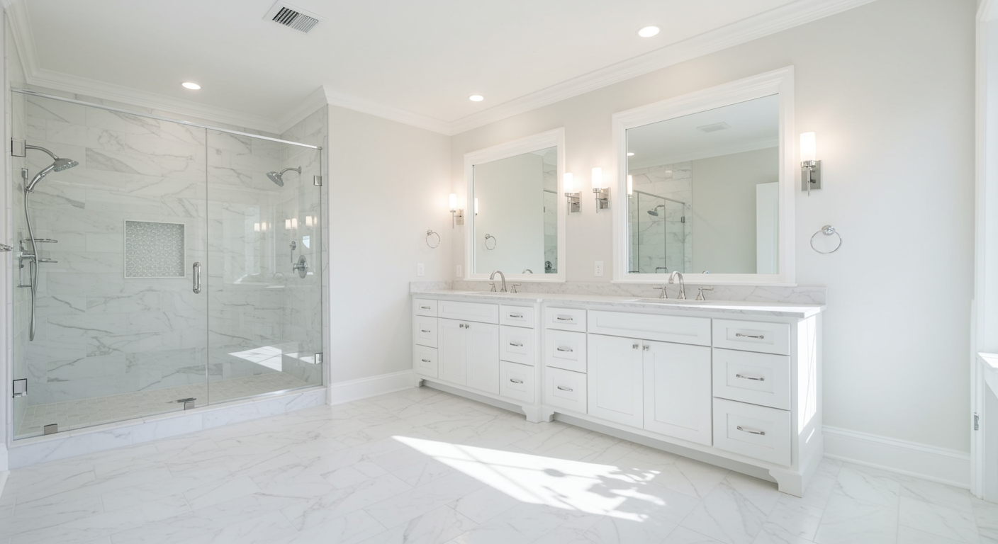 A bright, modern bathroom featuring a large glass walk-in shower with marble tile and a white double vanity with two mirrors.
