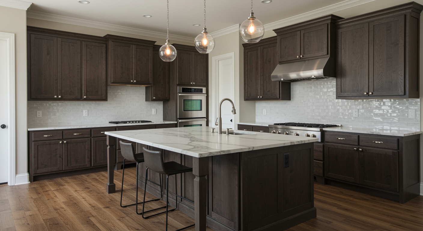 A modern kitchen features dark wood cabinets, a large marble-topped island with stools, and light-colored subway tiles.