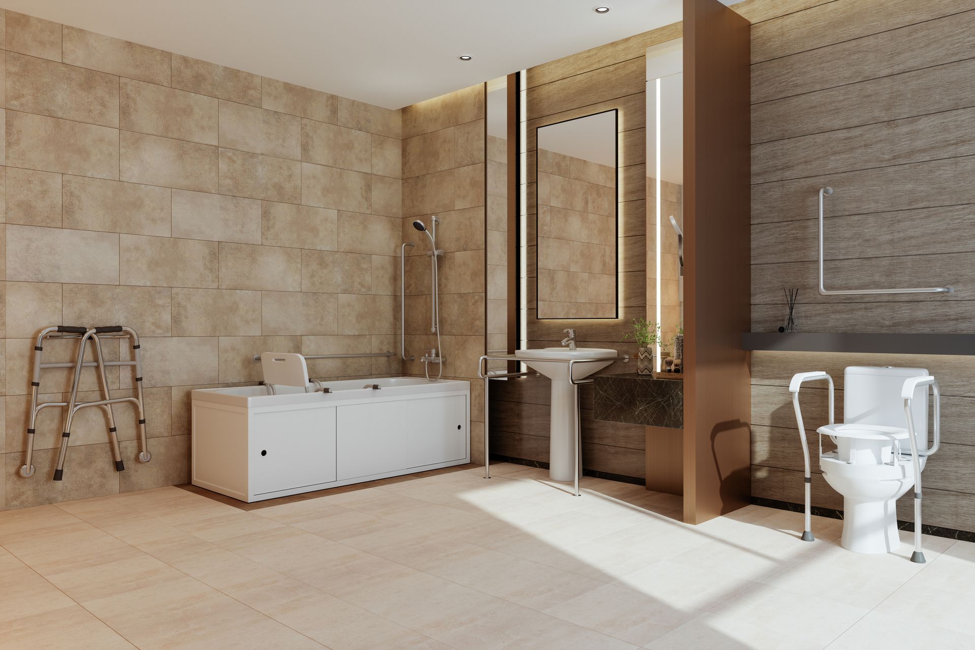 Accessible bathroom with a walk-in tub, raised toilet, grab bars, and a walker. Light beige and brown tones.