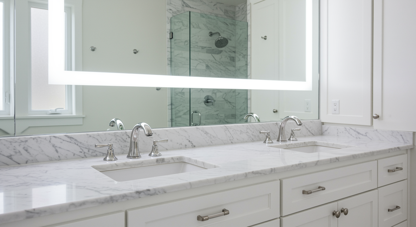 White bathroom vanity with marble countertop, two sinks, large lighted mirror, and white cabinets.