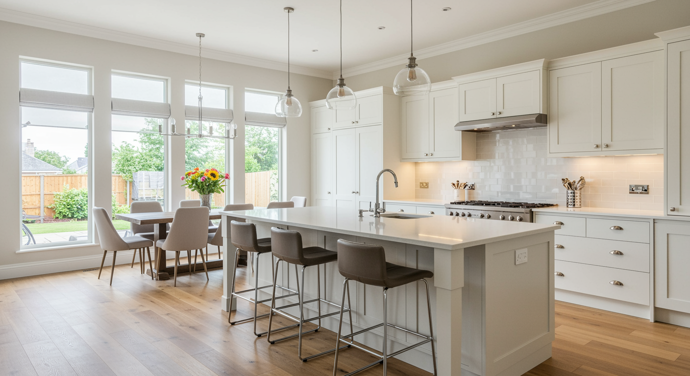 A modern, bright kitchen with white cabinetry, a marble-topped island with bar stools, and a dining area by large windows.