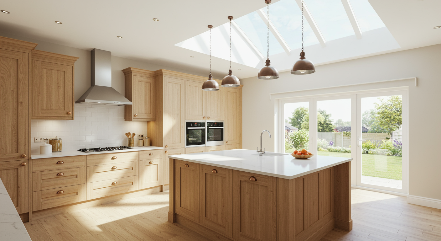 A bright, modern kitchen featuring light oak cabinetry, a large central island with a white countertop, and a skylight.