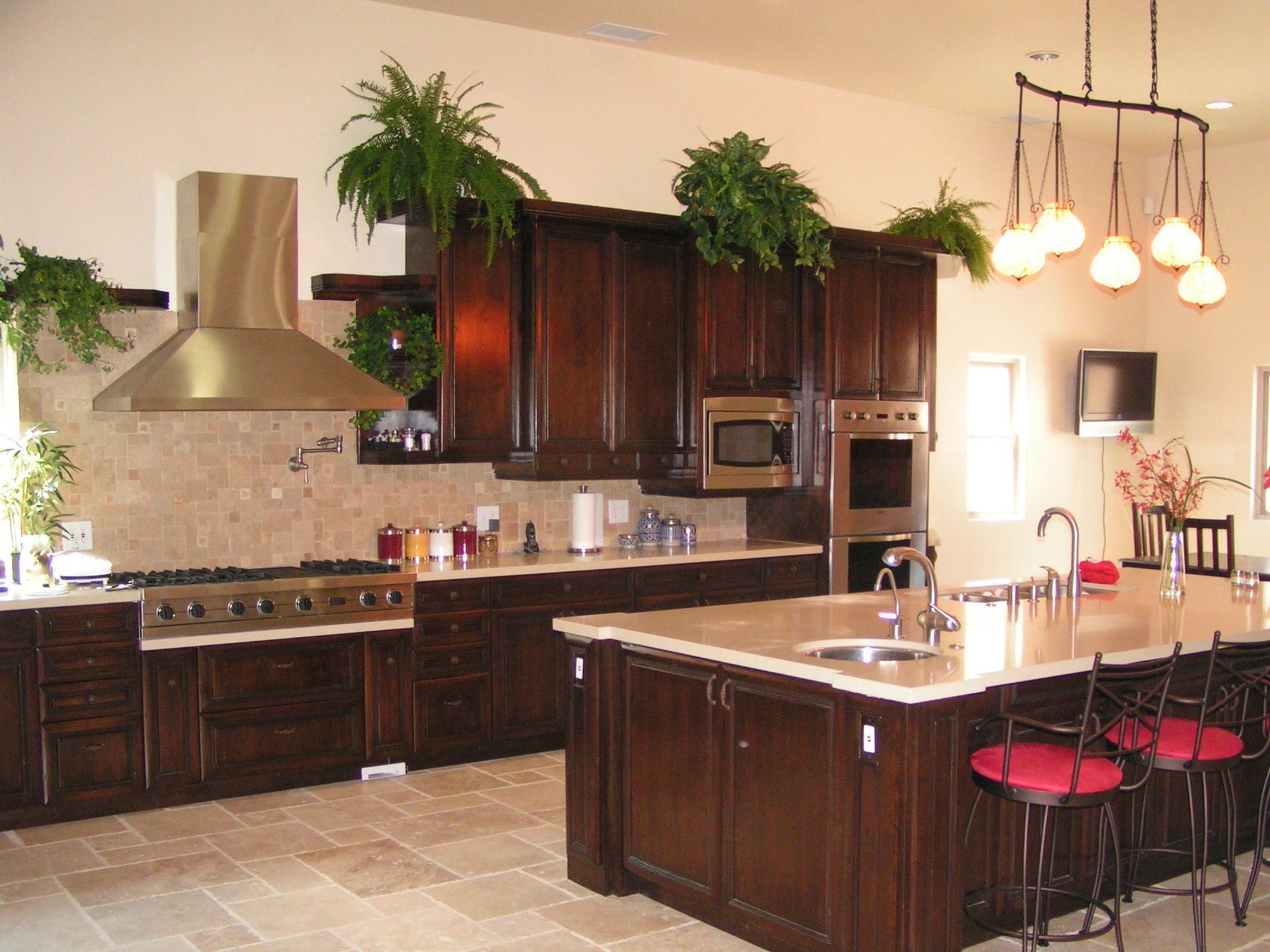 Dark wood kitchen with island, stainless steel appliances, plants, and beige tile.