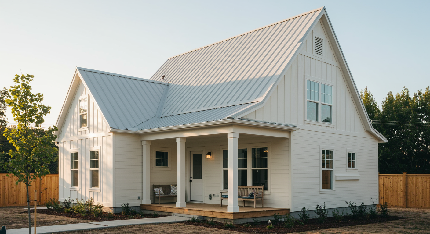 A white, farmhouse-style two-story home with a metal roof and a covered front porch, set in a yard with a wooden fence.