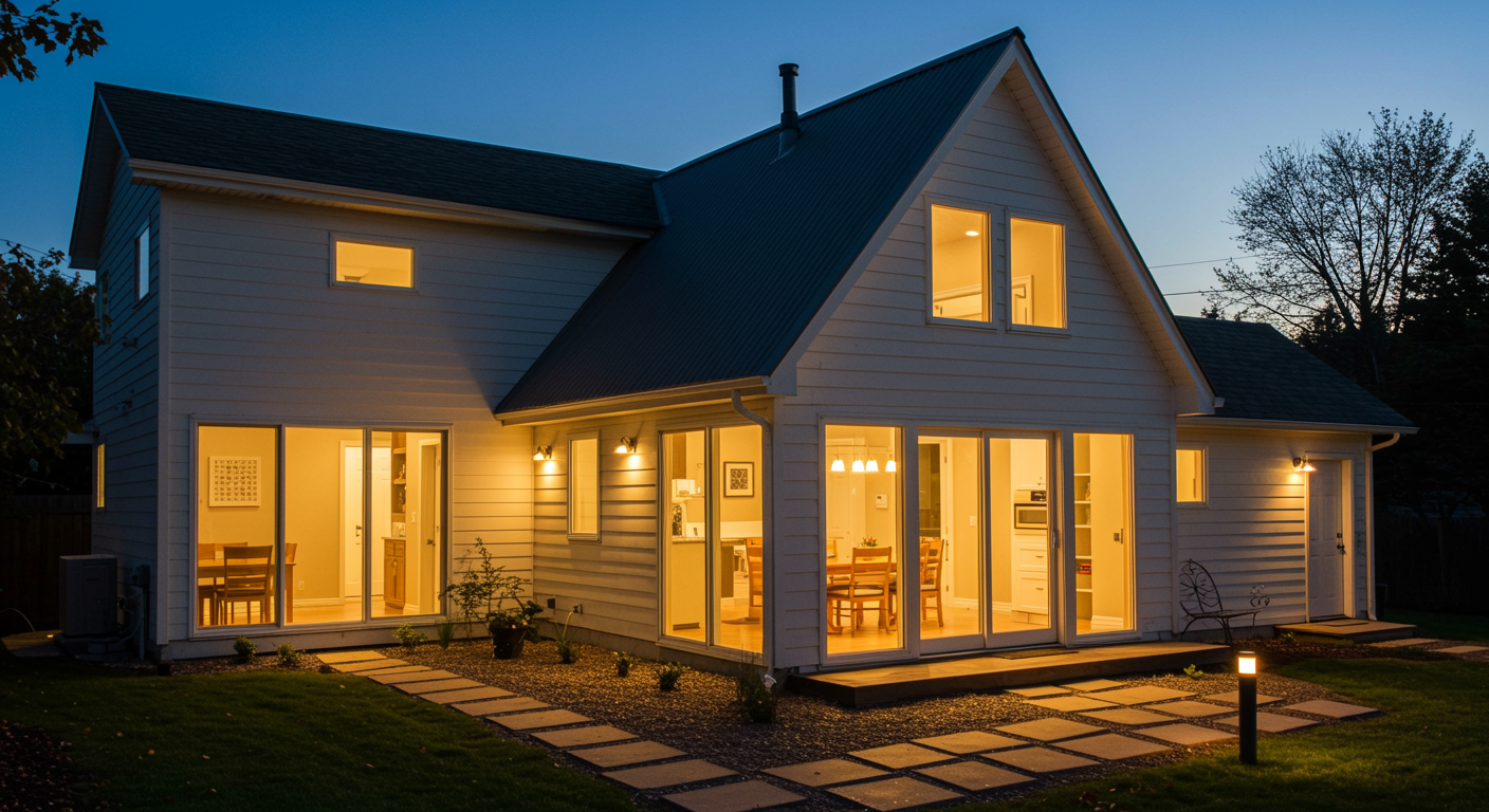 A white, two-story house at dusk, with warm interior lighting glowing through large windows and a stone garden path.