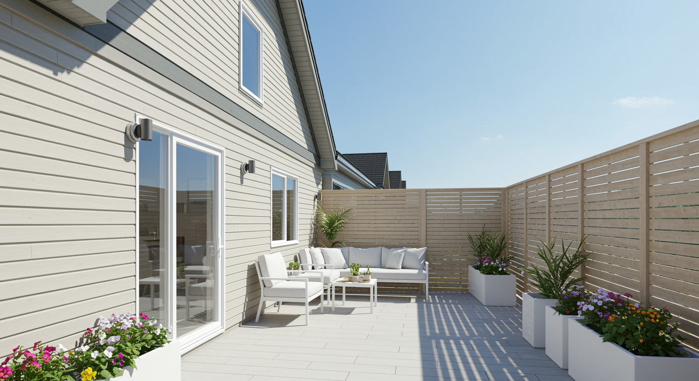 A light-colored patio with outdoor seating, potted plants, and a wooden fence attached to the side of a house.