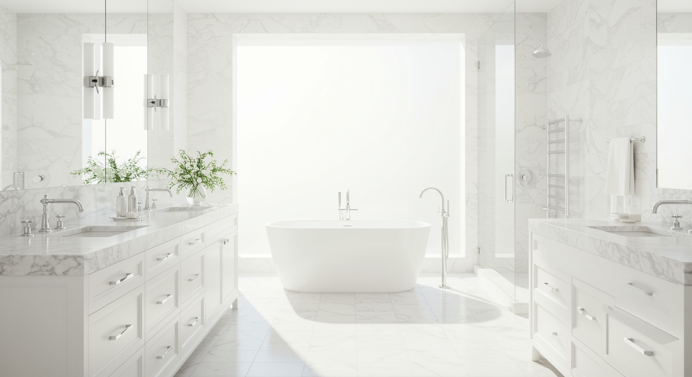 A bright, modern master bathroom featuring a white freestanding bathtub, marble countertops, and twin vanity sinks.