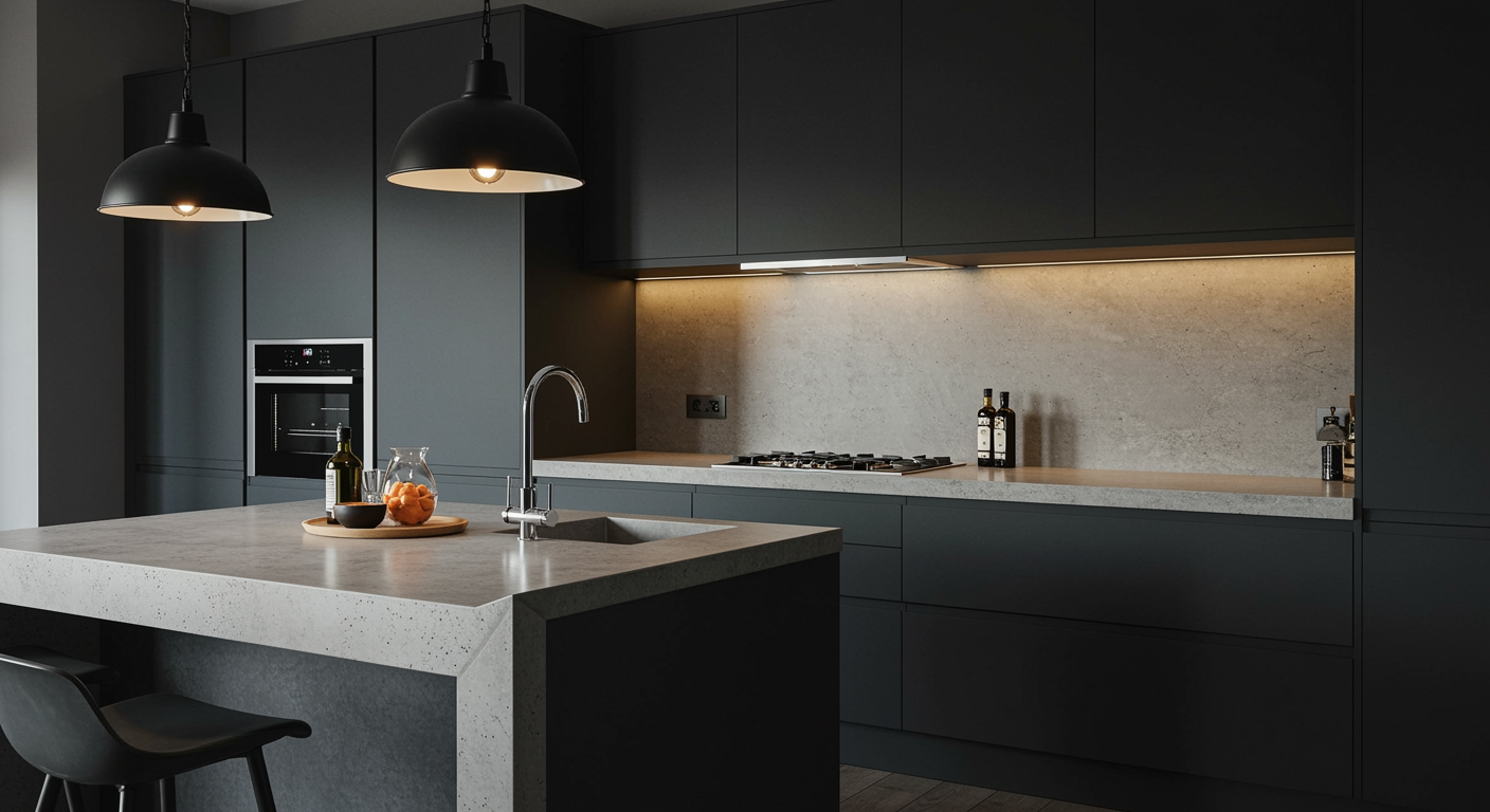 A modern kitchen features matte black cabinetry, light stone countertops, a central island, and warm under-cabinet lighting.