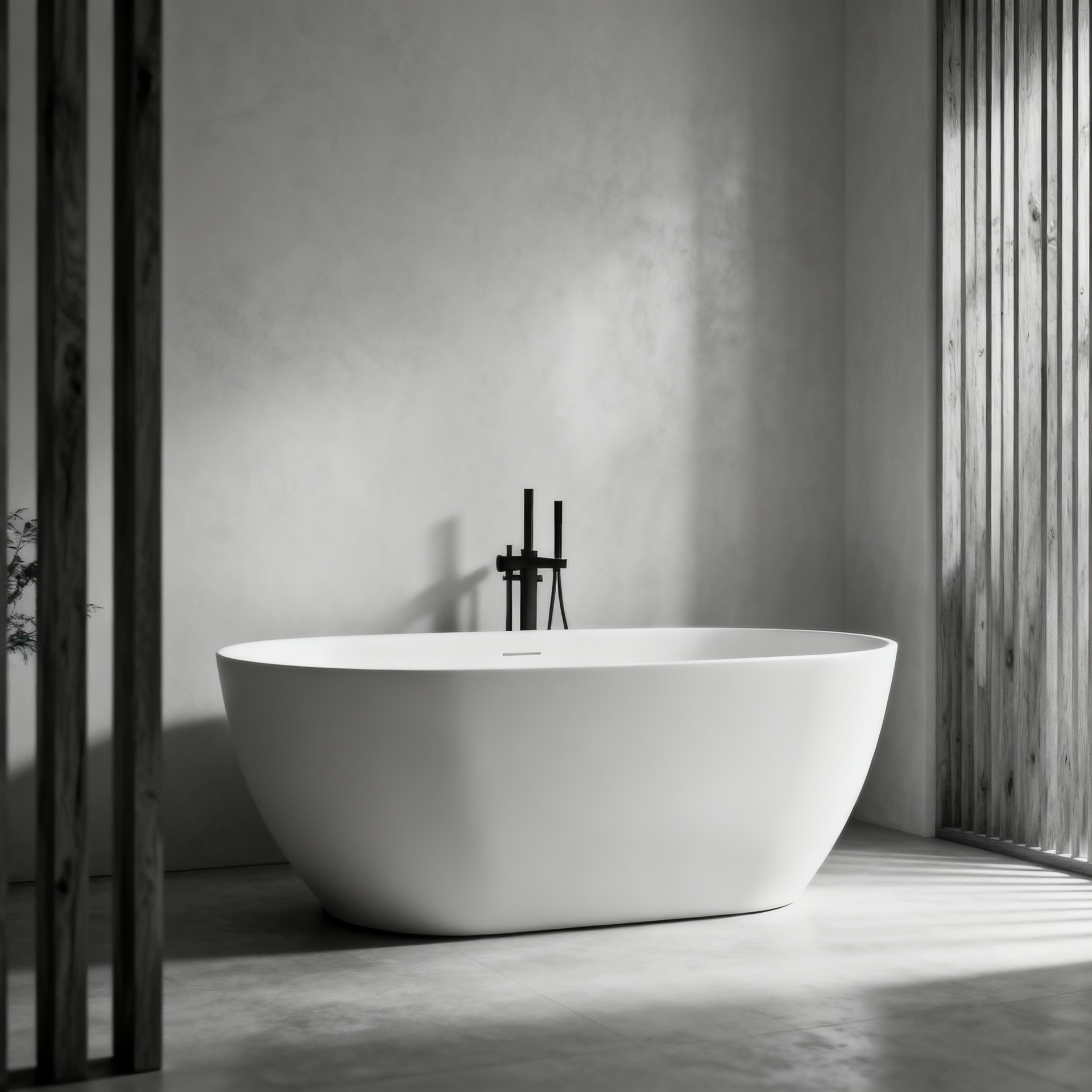A minimalist white freestanding bathtub with a black floor-mounted faucet in a modern, neutral-toned bathroom.