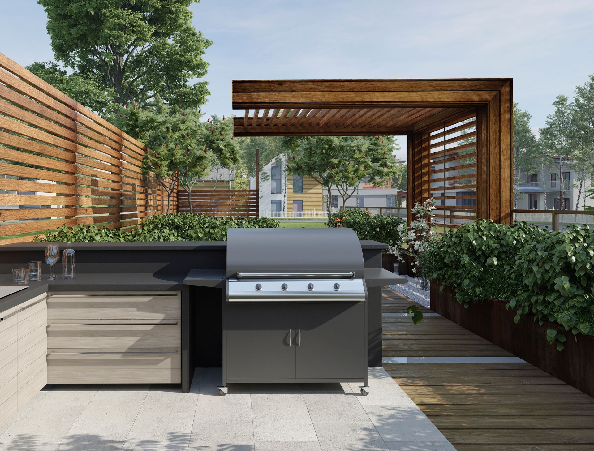 Modern Los Angeles backyard with a custom outdoor kitchen, pergola, and patio seating.