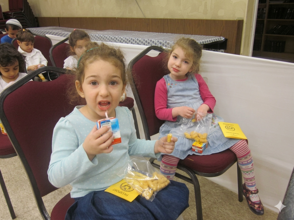 Two children sitting on chairs, eating snacks in a cafeteria.